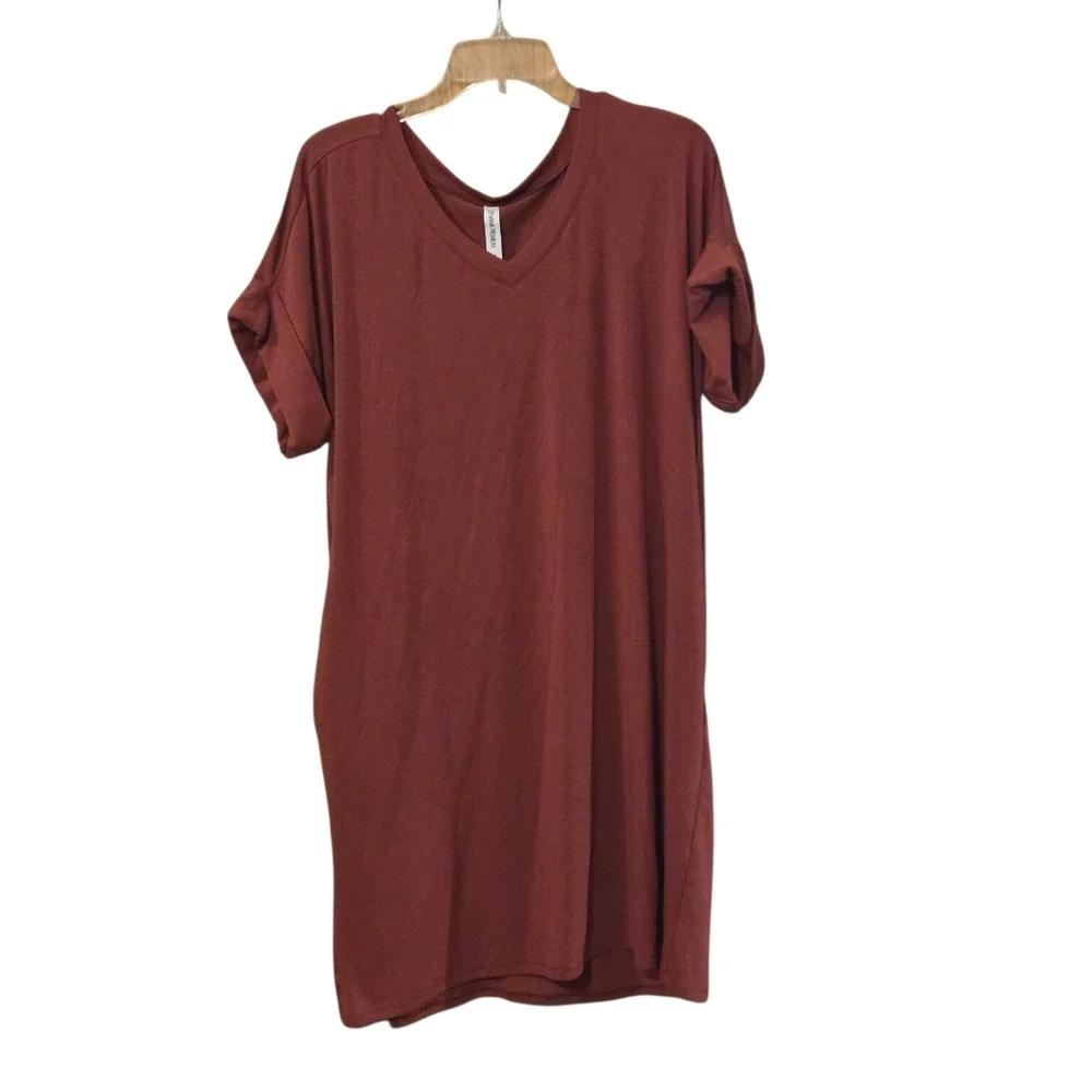 Zenana Premium 1X Rust Rolled Short Sleeve V-neck Tshirt Tunic Knee Length Dress - Picture 2 of 12